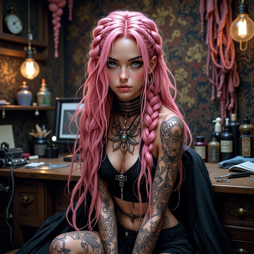 Tattoo Artist in Studio with Pink Braids