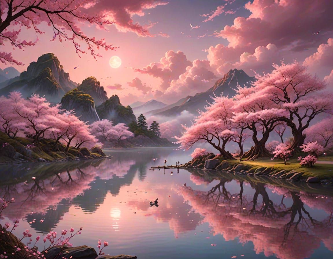 Dreamlike Pink Landscape with Cherry Blossoms