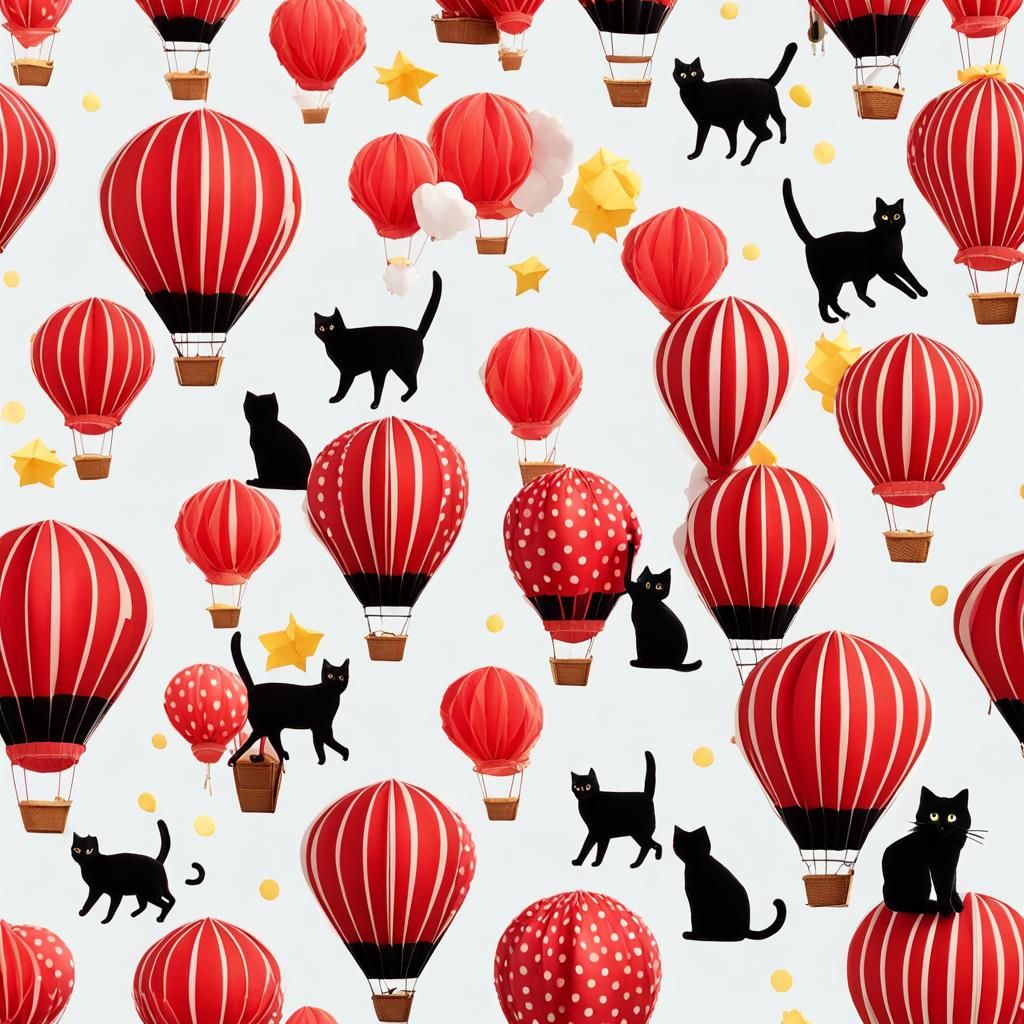 Red Polka Dot Balloon with Black Cat: Origami Style