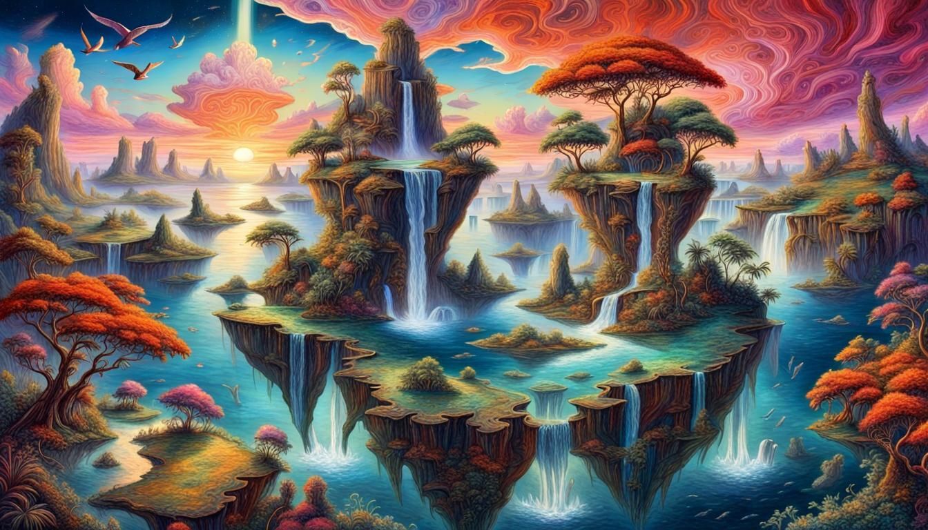 Floating Island in Space with Waterfalls