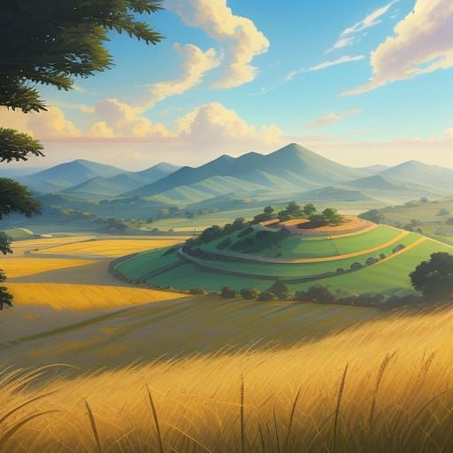 Ghana's Sun-Drenched Landscape with Rolling Hills and Golden...