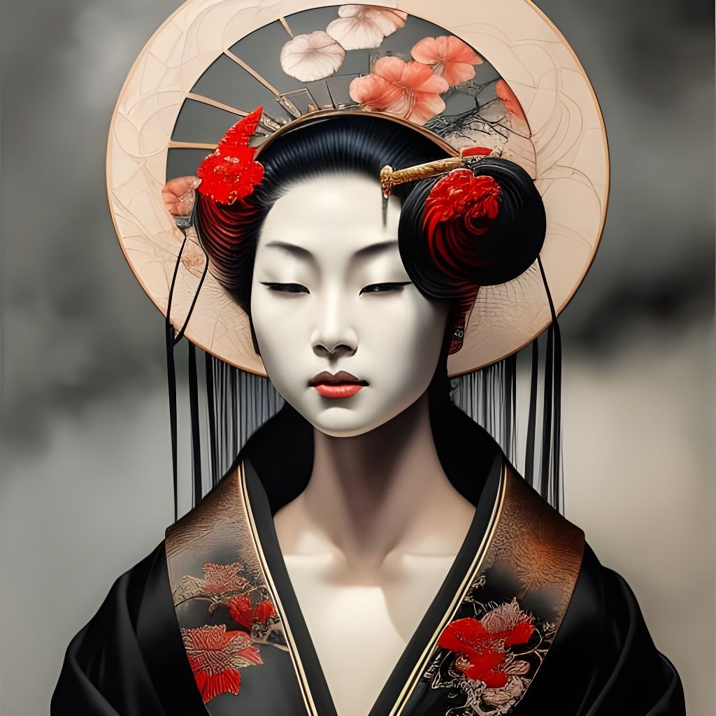 Geisha in Black Ink Flow Style