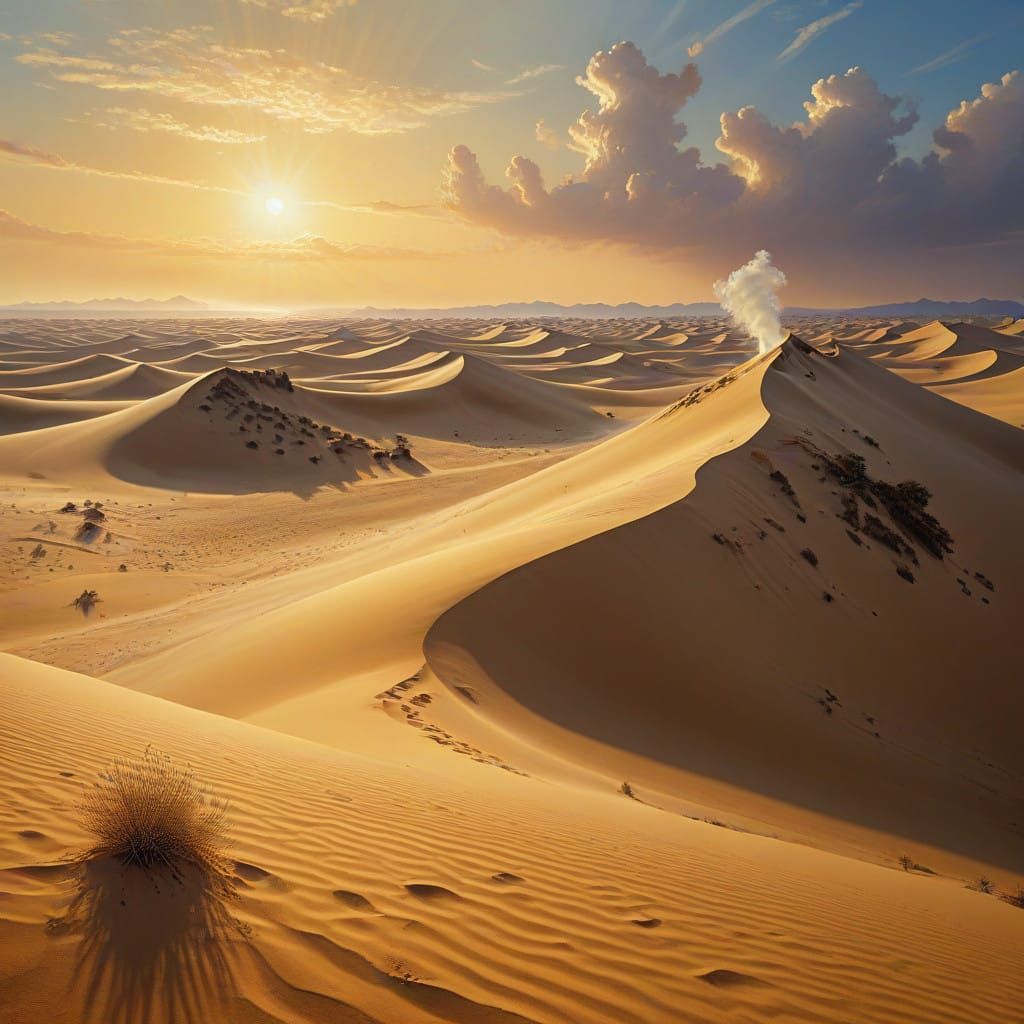 A windswept desert of golden sand dunes. The horizon shimmers with the heat of the sun, and the scent of ocean breeze mi...