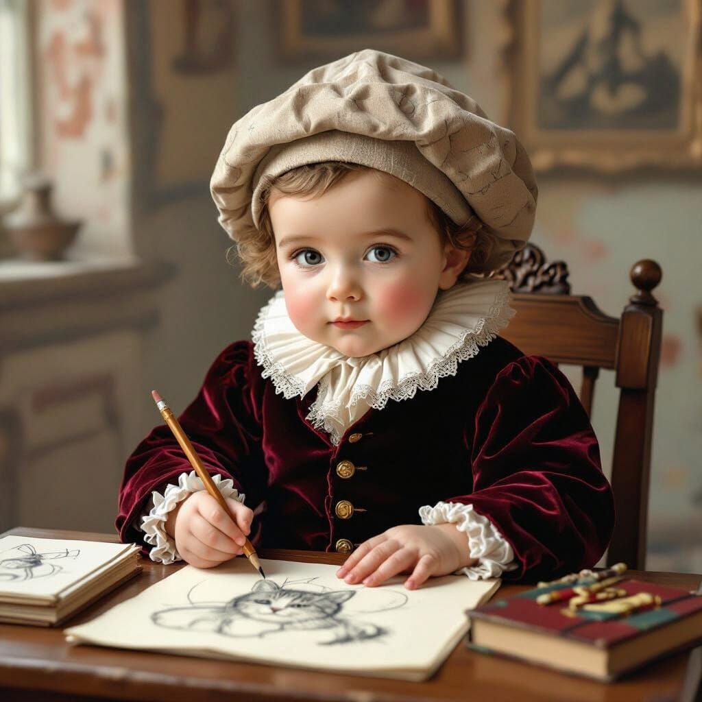 Baby Leonardo da Vinci Sketches a Cat Portrait
