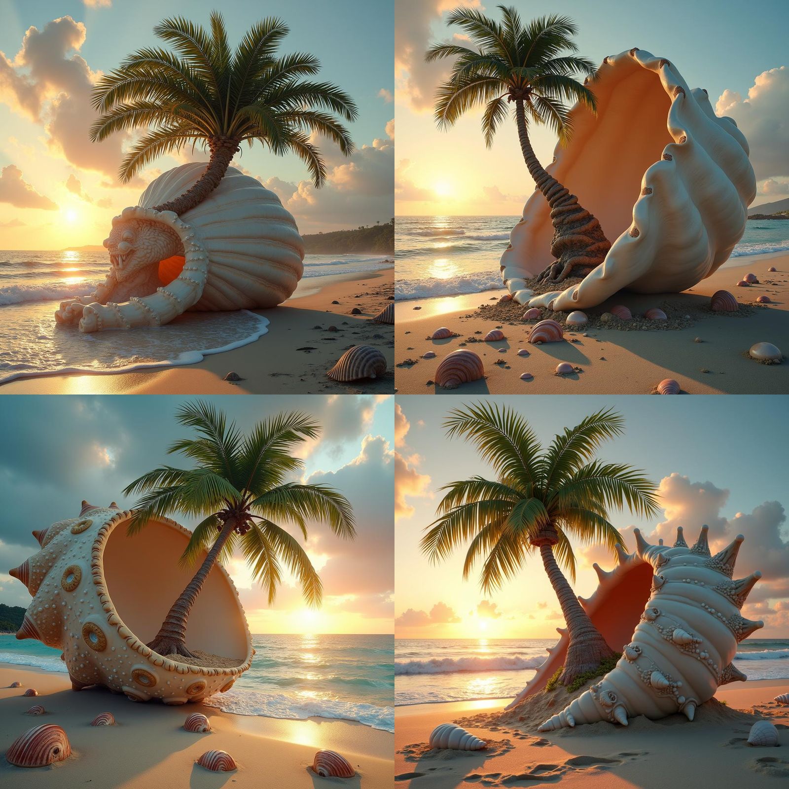 Palm Tree Growing From Seashell at Sunset