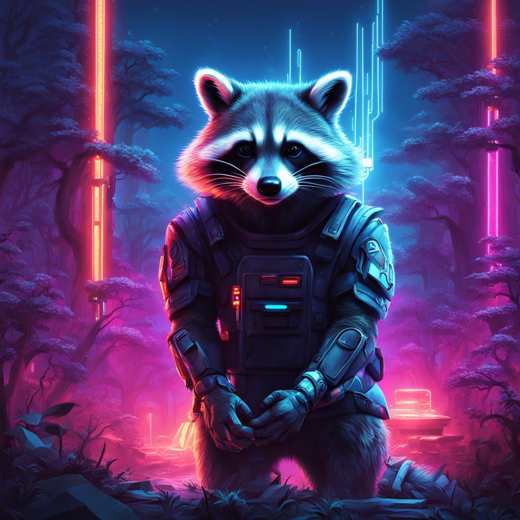 Futuristic Raccoon Masterpiece in Neon-Lit Cyberpunk Wonderl...
