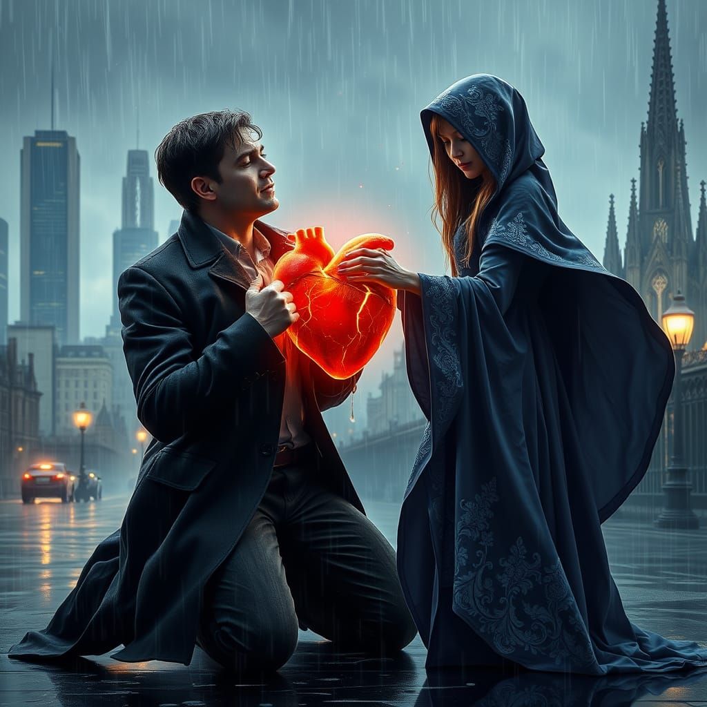 Heartbroken Man in Rain, Shattered Heart and Mysterious Woma...