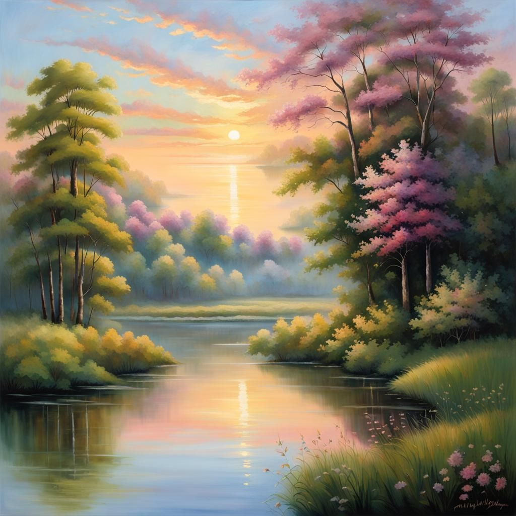 Tranquil Dawn Scene with River and Cottages