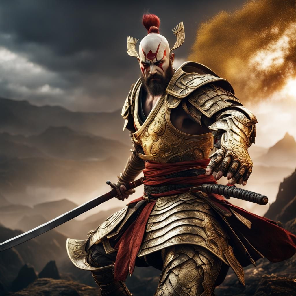 Samurai Battles God in Detailed Fantasy Art
