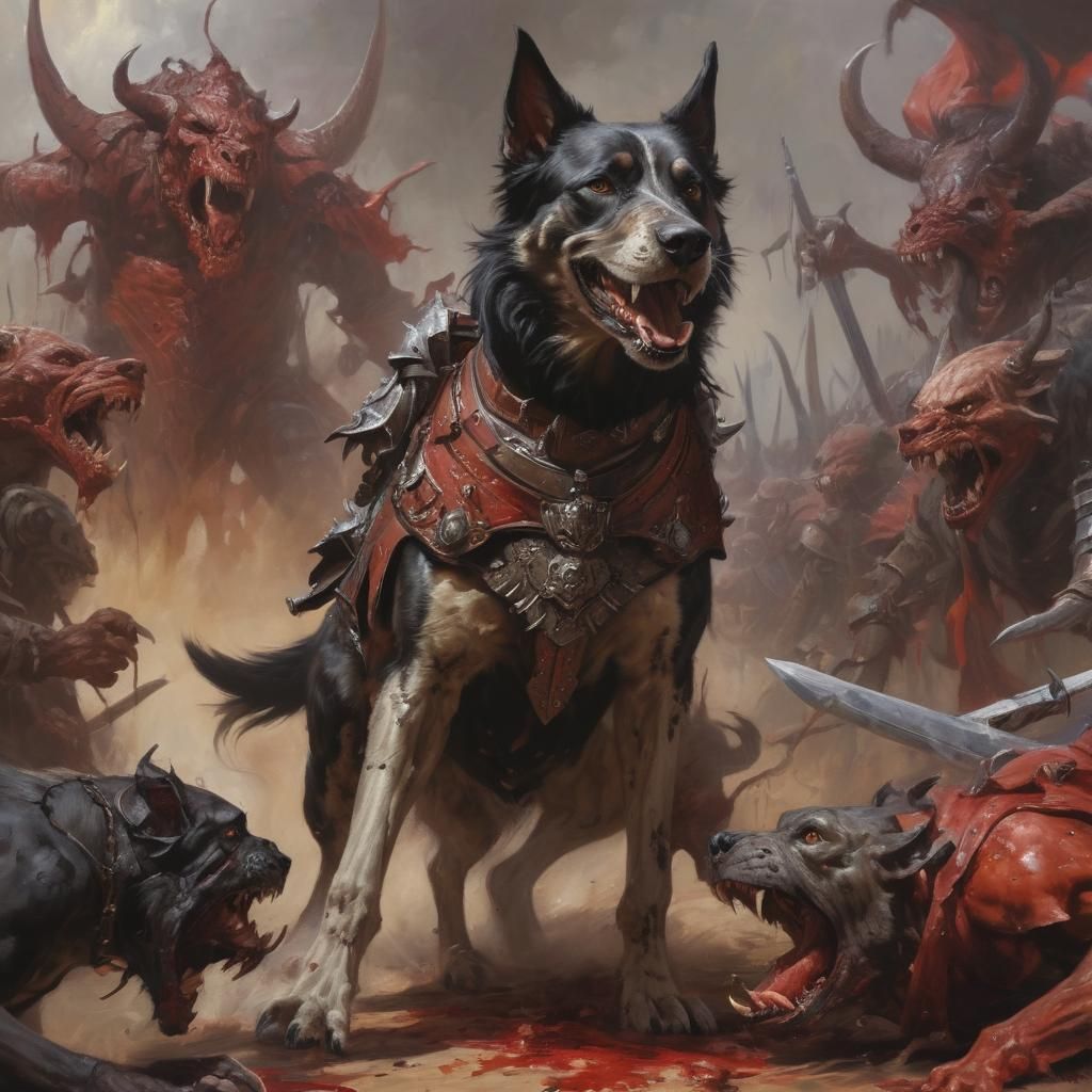 Hyperdetailed Dog Knight Battles Grotesque Demons in Bloody...