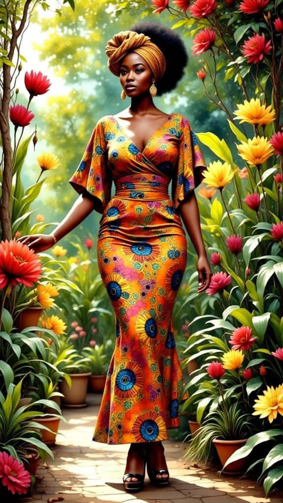 Vibrant Anglo African Goddess in Sunlit Garden