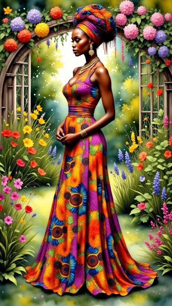 Regal Anglo African Goddess in Vibrant Garden