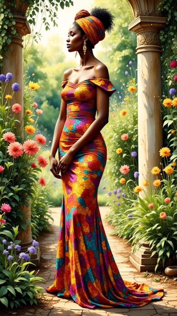 Regal Afro Woman in Vibrant Garden, in a Watercolor Style