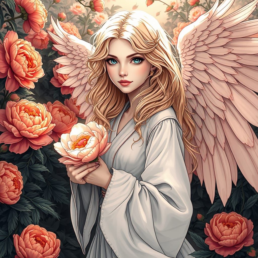 Monochrome Angel in Peony Garden, Line Art Style