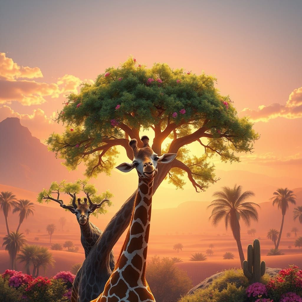 Two Giraffes Share a Tender Kiss in Oasis Paradise