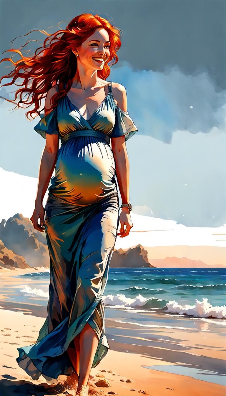 Redhead Woman on Beach in Anime Style