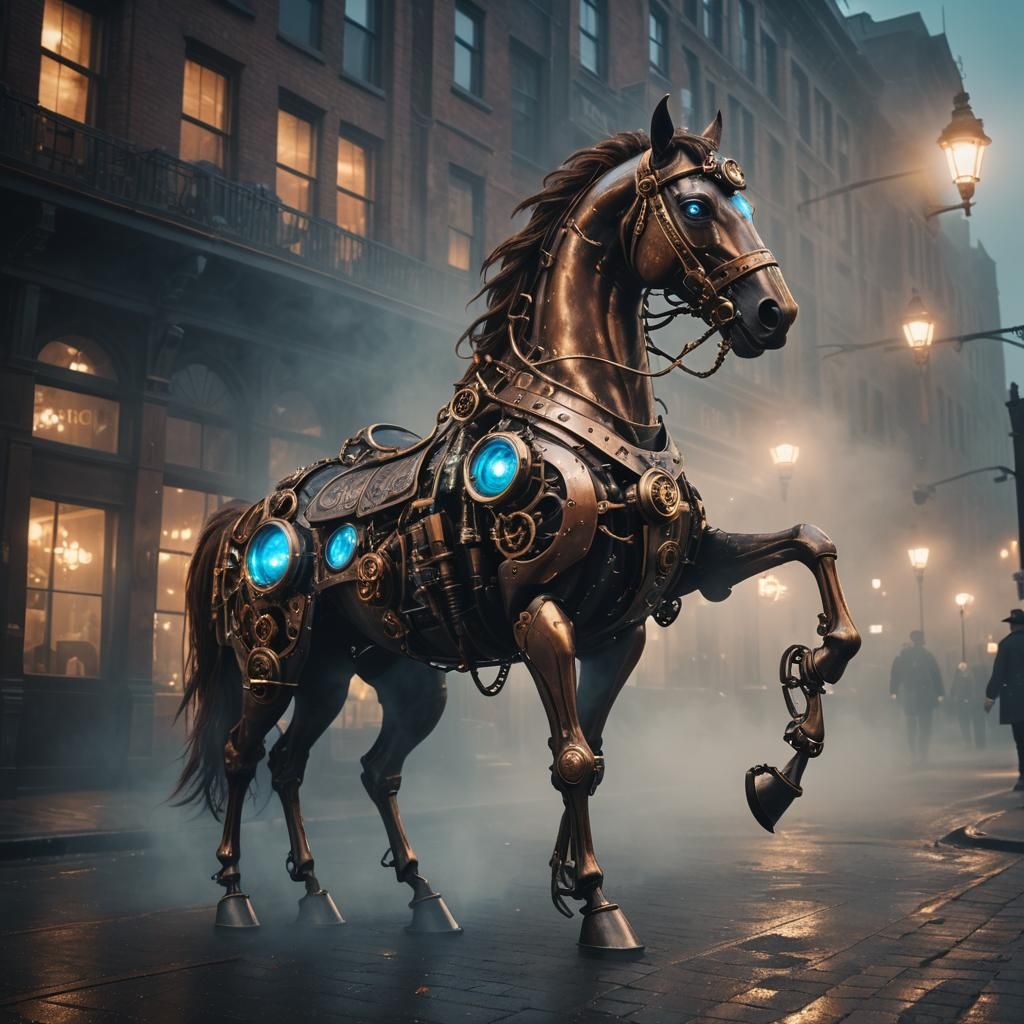 Steampunk Mechanical Horse in Foggy Cityscape