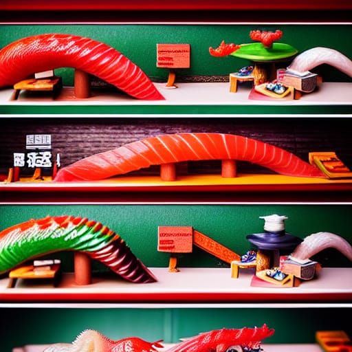 Hyperdetailed Sushi Restaurant with Matchbox Cars