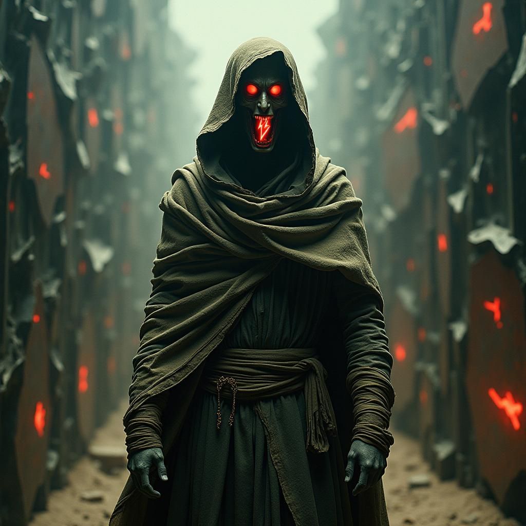 Eerie Linen-Wrapped Figure with Crimson Eyes