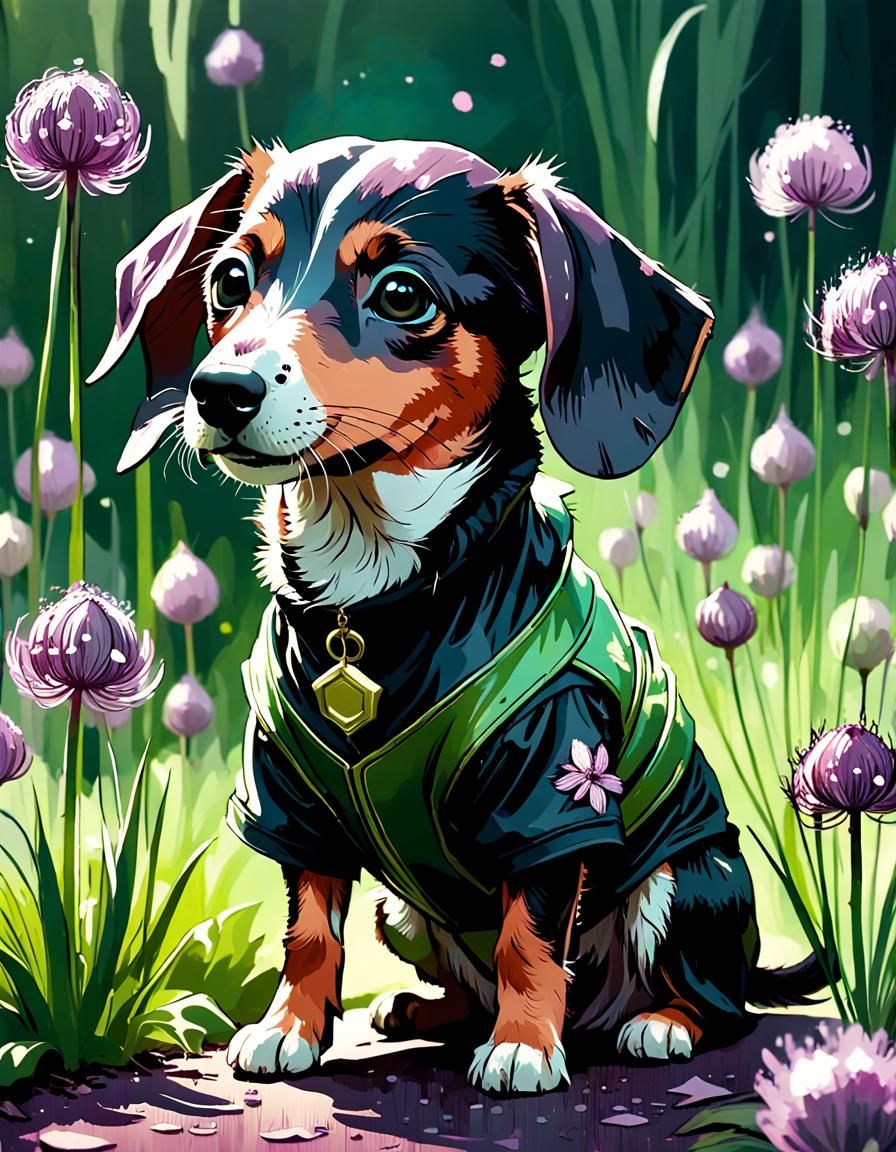 Adorable Jackshund in Vibrant Floral Costume, Digital Painti...