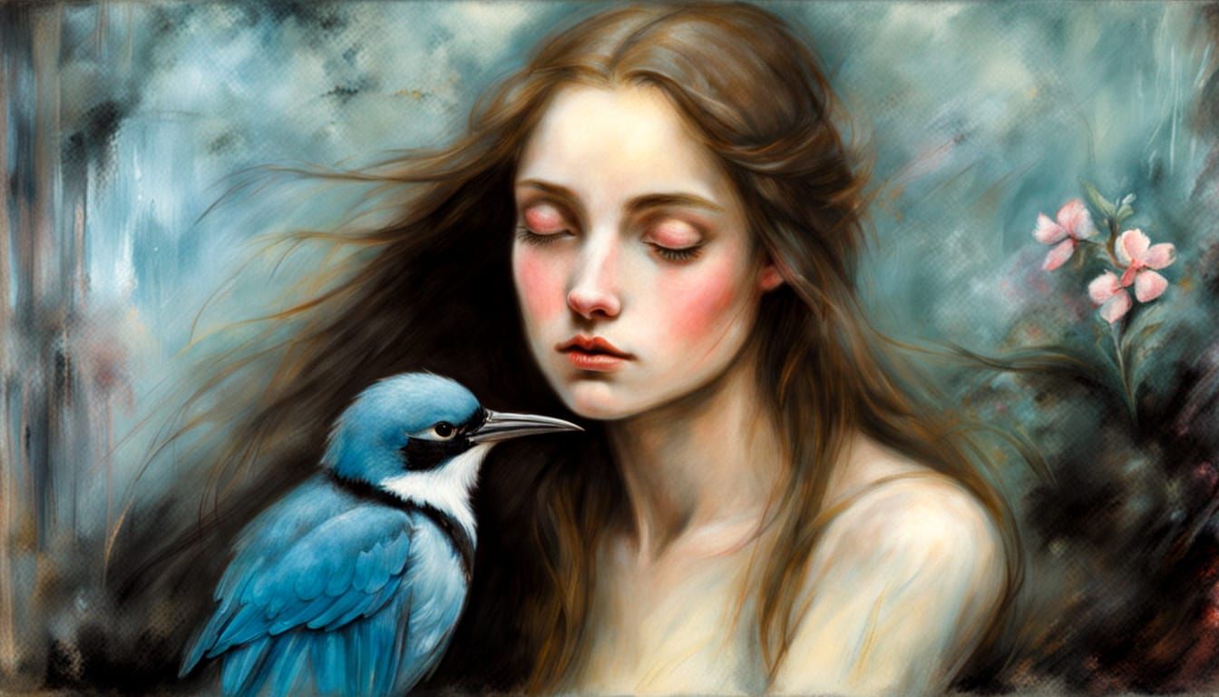 Woman, Heart, and Bird in Classical Illustrative Style