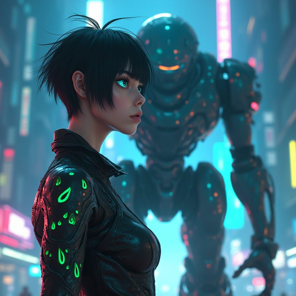 Stunning Cyberpunk Woman Stands Beside Futuristic Mech in Ne...