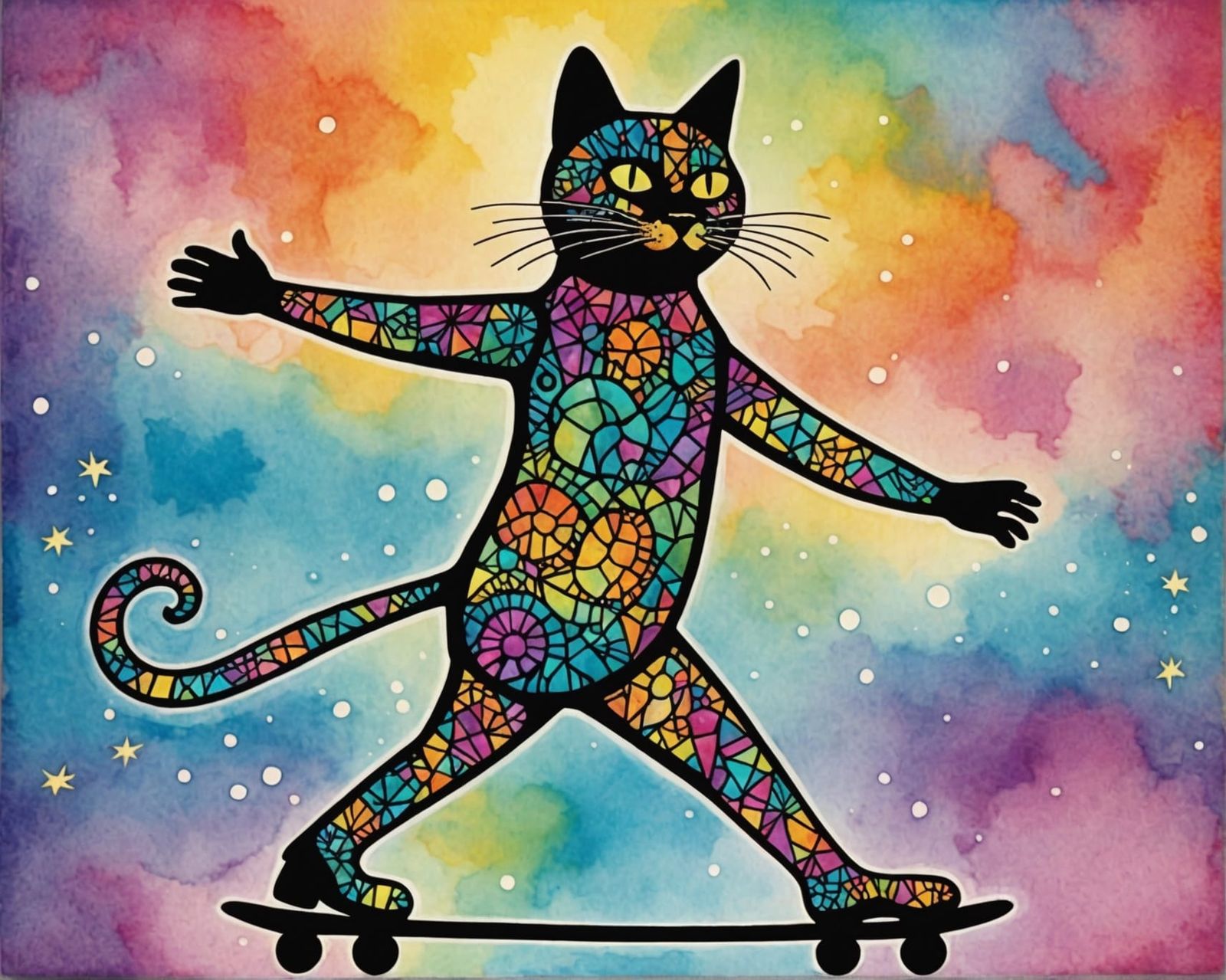 psychedelic colorful silhouette self confident skating cat w...