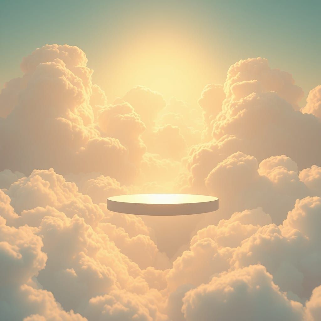 Dreamlike Pastel Cloudscape with Art Deco Platform