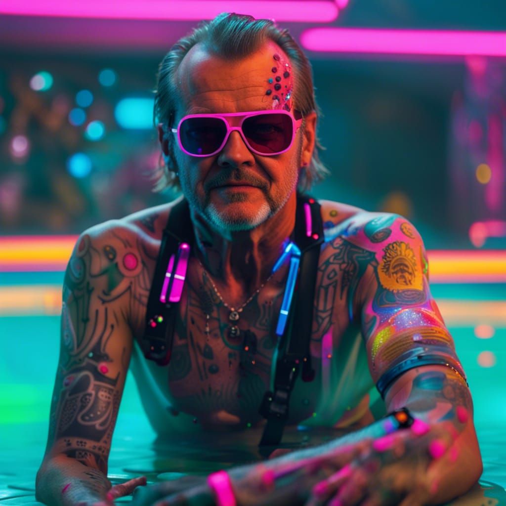Tattooed Man at Neon Cyberpunk Pool Party