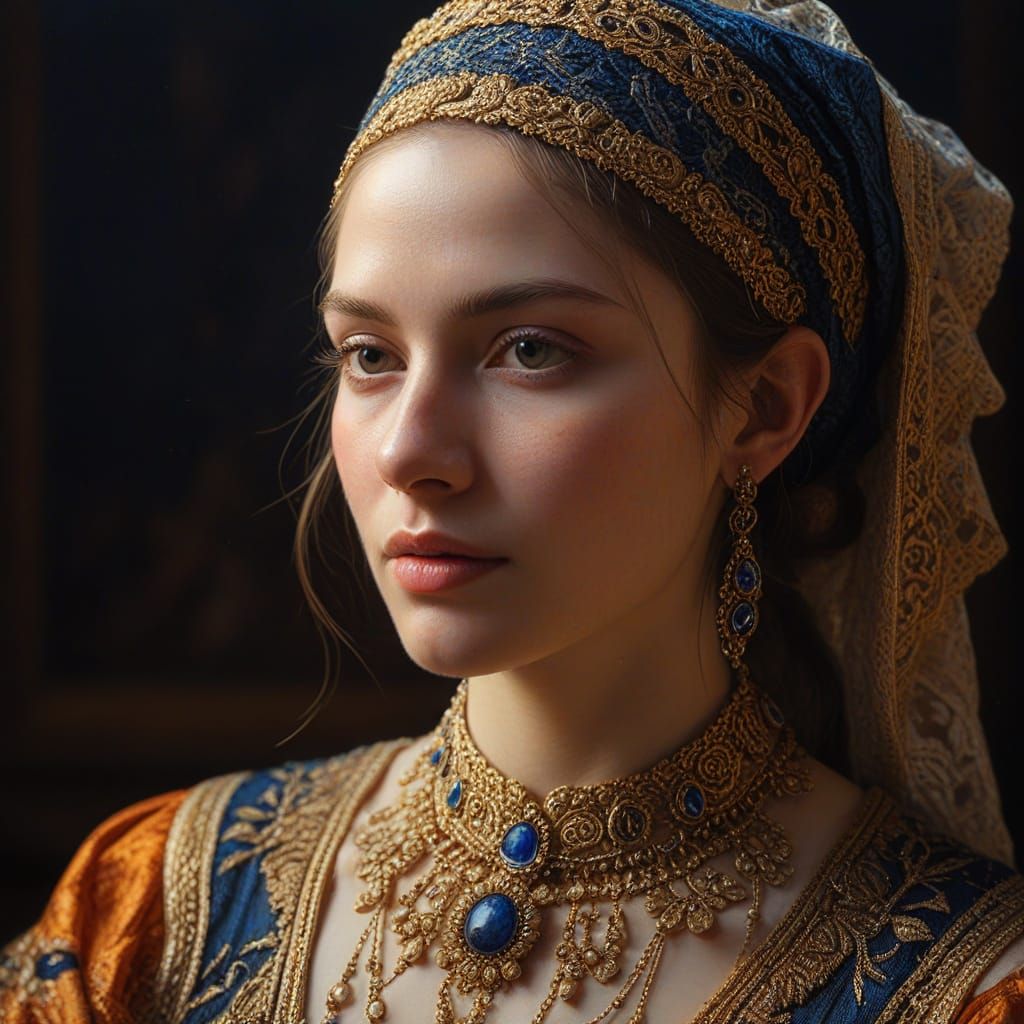 Hyperrealistic Oil Painting of Woman in Ornate Clothing