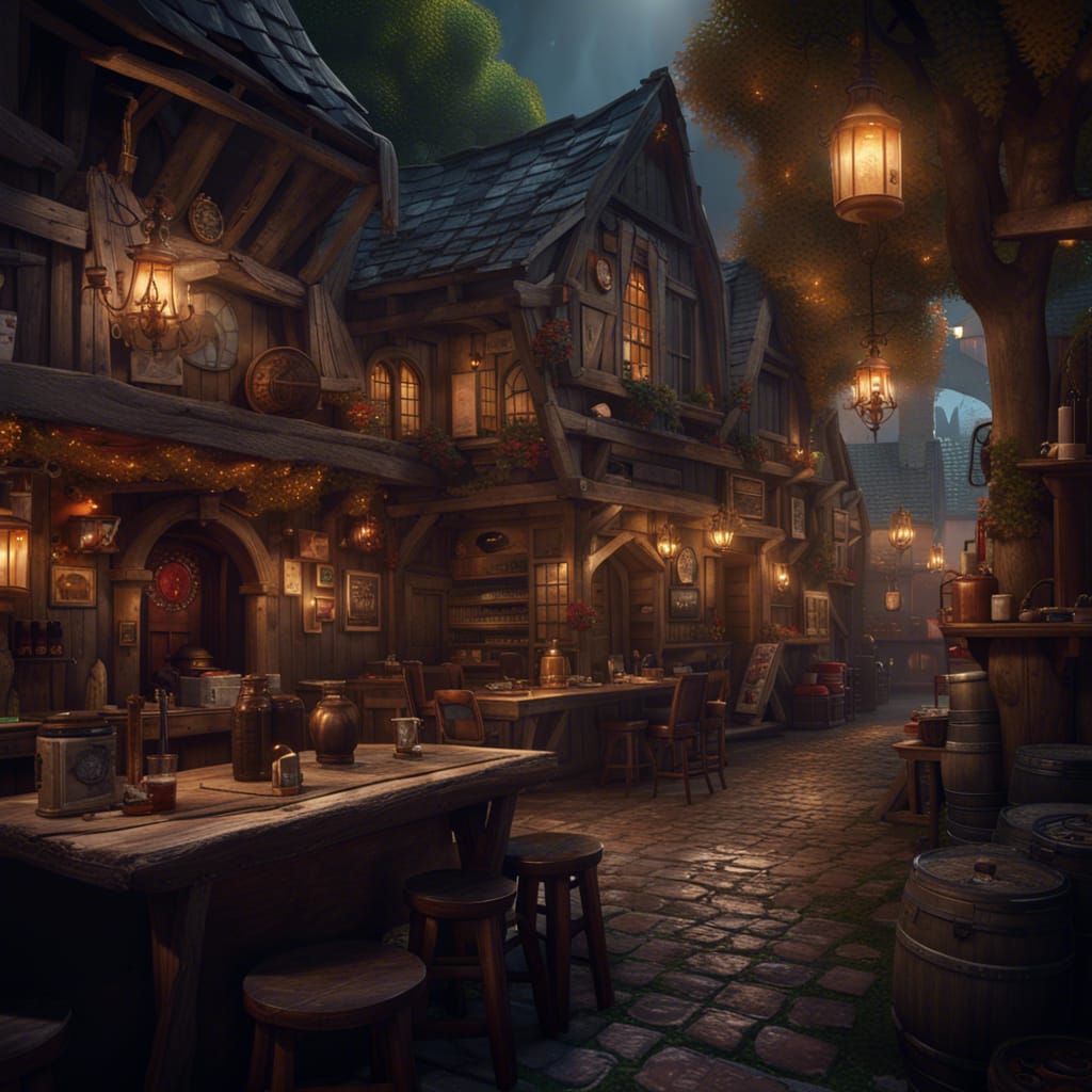 Fantastical Tavern in City Center: Detailed Matte Painting