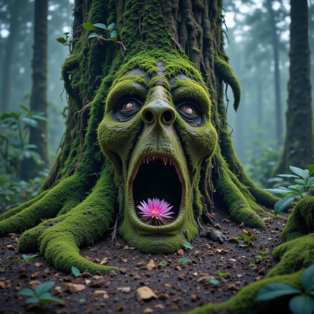 Mystical Tree Face in Misty Forest: Fantasy Concept Art