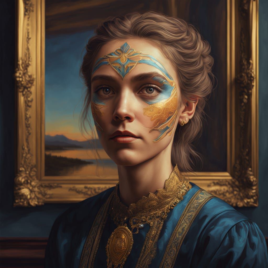 Portrait of a Woman with Vibrant Face Painting in a Golden F...
