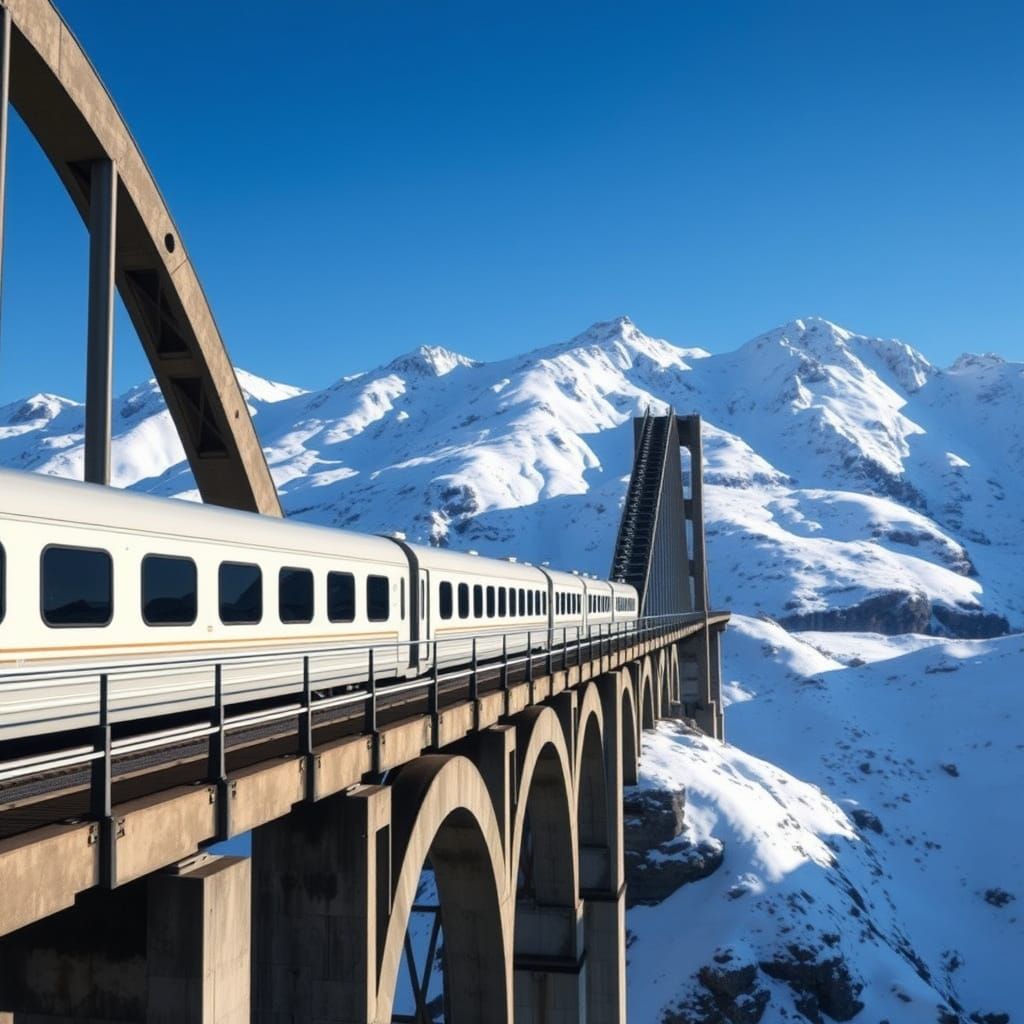 White Train Crosses Snowy Mountain Bridge in Photorealistic ...