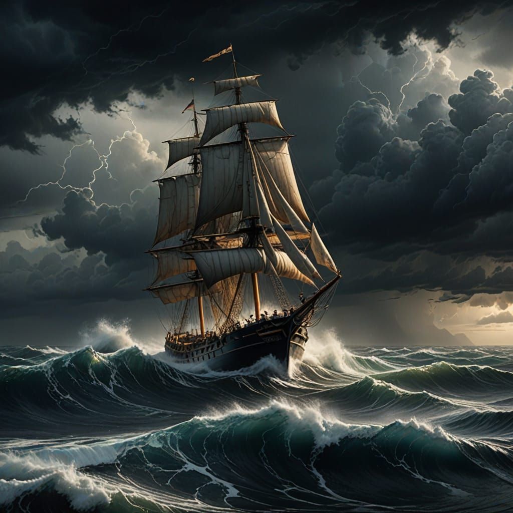 Stormy Clipper on Turbulent Sea in Dark, Moody Oil Painting