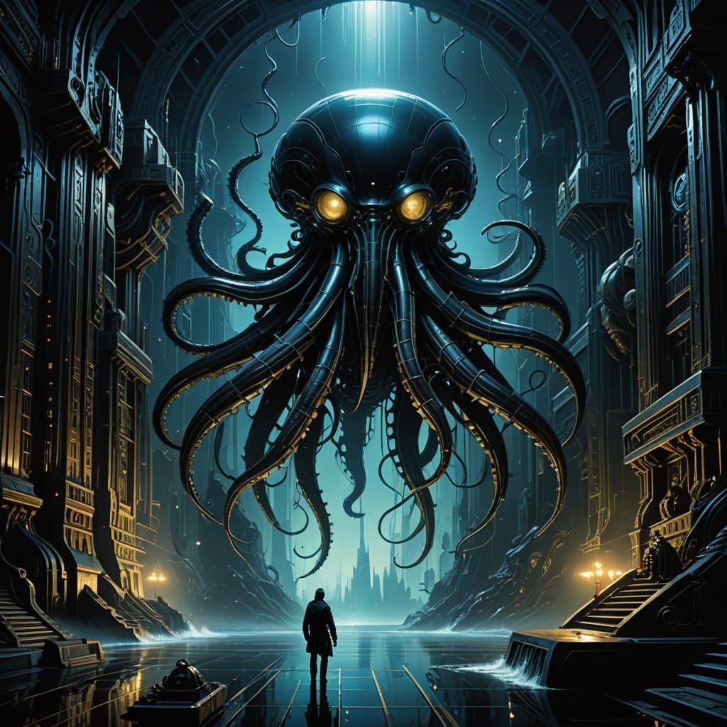 Clockwork Kraken Emerges from Starlit Ocean Towards Art Deco...