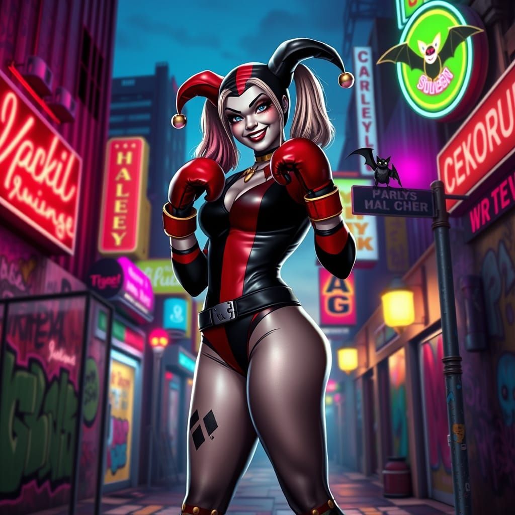 Harley Quinn Embodies Mischief in a Vibrant Cityscape