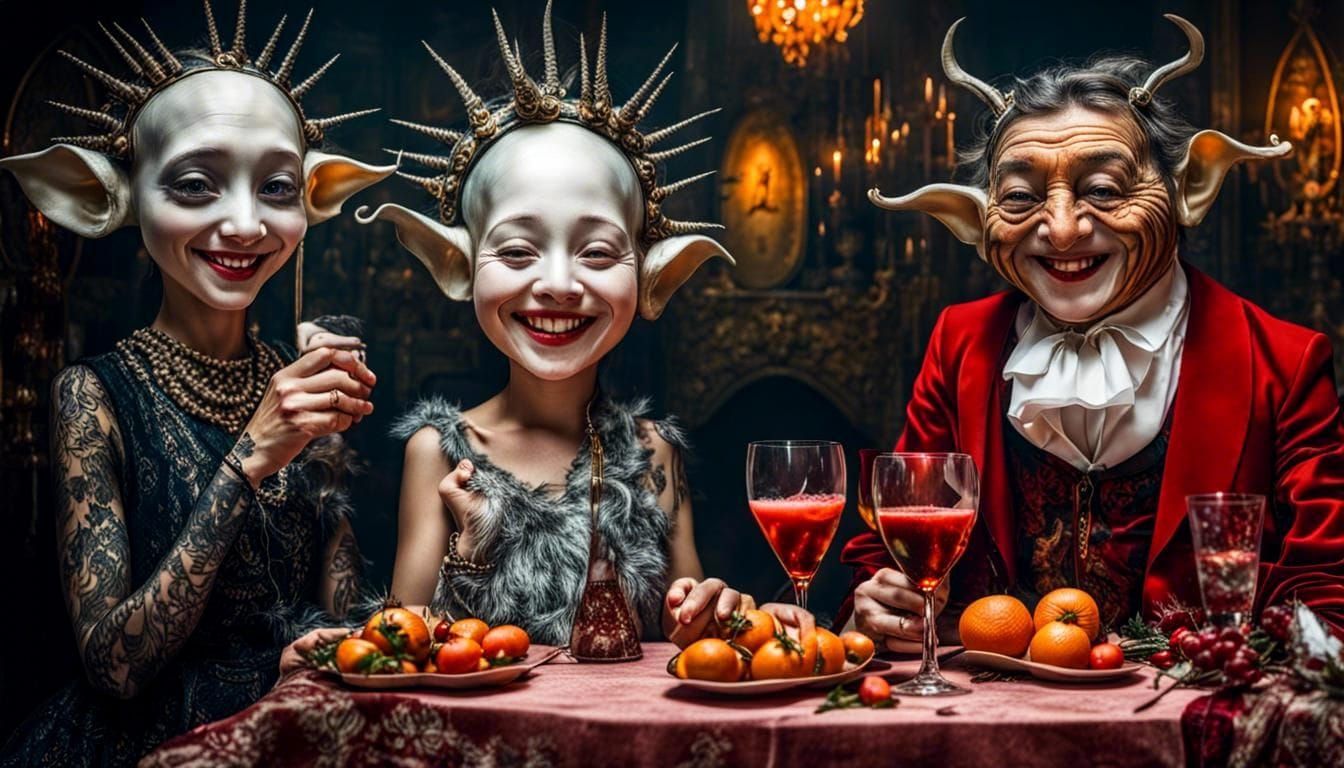 Surreal Restaurant Scene with Exotic Aliens, Professional Ph...