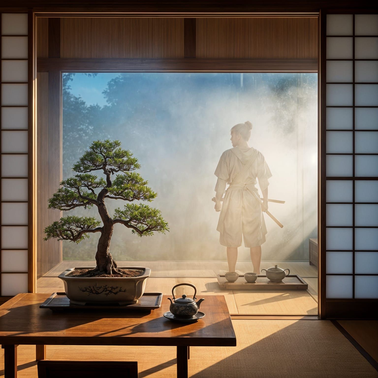 Serene Baobab Bonsai with Samurai Spirit in Japanese Home