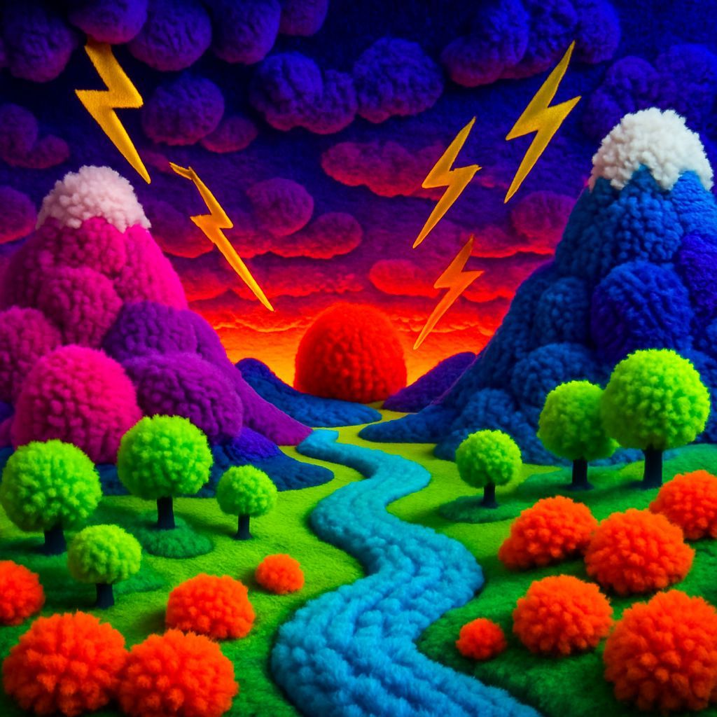 Neon Pom-Pom Landscape: A Hyper-Vivid Textile Panorama