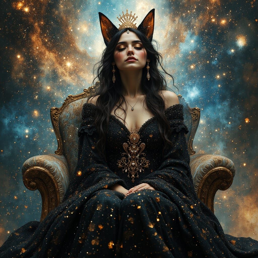 Majestic Black Cat Queen on Nebula Throne