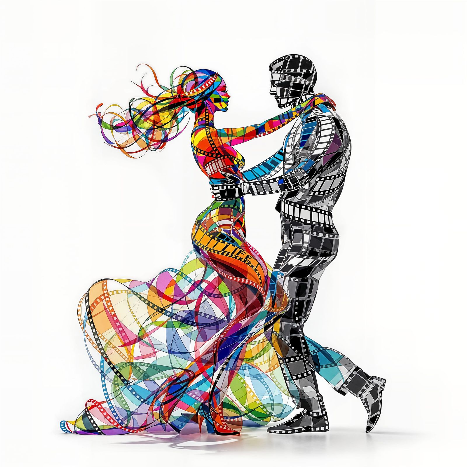 Dancing Couple in Vibrant Film Reel Form