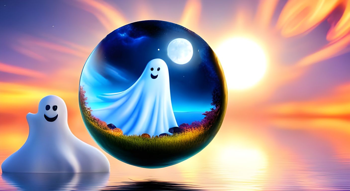 Cute Ghost with Haunted House in Globe