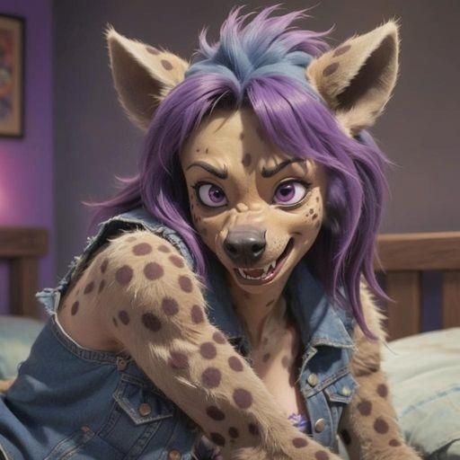 Furry She-Hyena Crawls Forward with Dark Purple Hair and Dis...