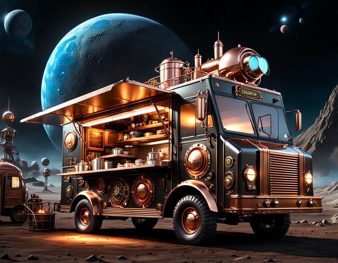 Steampunk Food Truck on the Moon: Detailed Concept Art