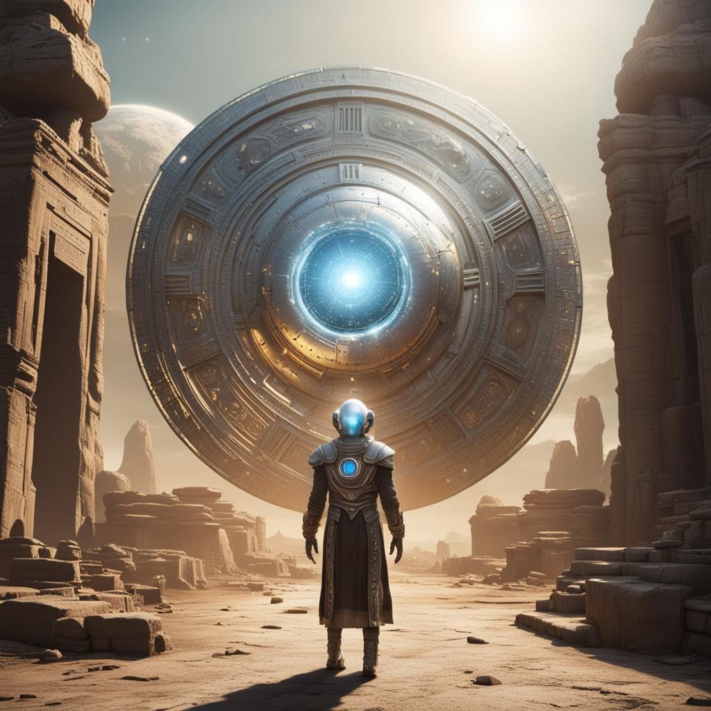 An alien humanoid with a shiny chrome face, a big head, and a round energy portal Stargate Vision walks into an ancient ...