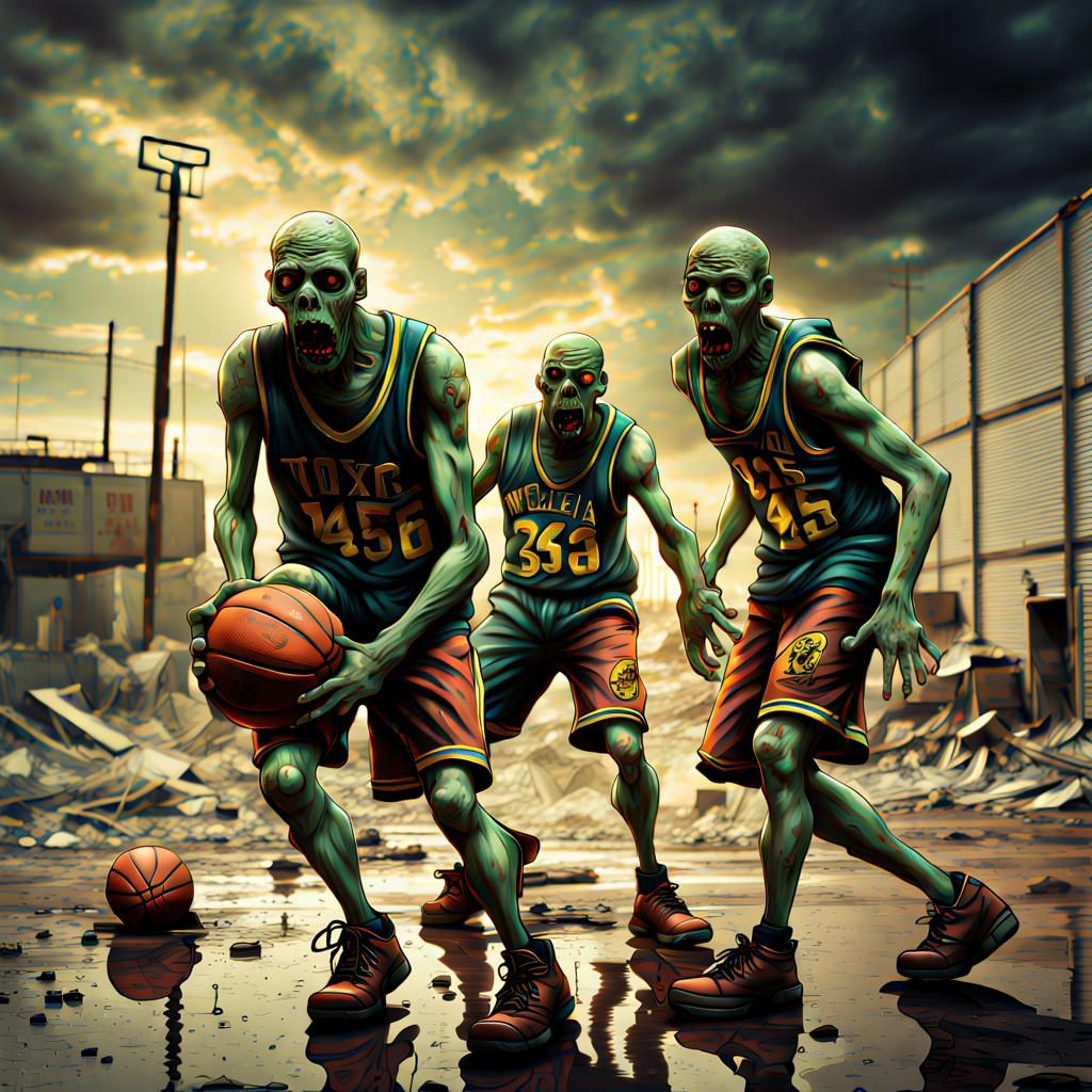 Apocalyptic Zombies Play Basketball: Hyperrealistic HDR Imag...