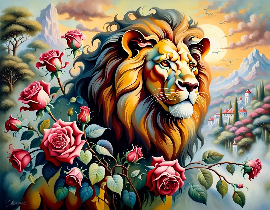 Rose Lion: Ethereal Surrealism in Oil on Canvas