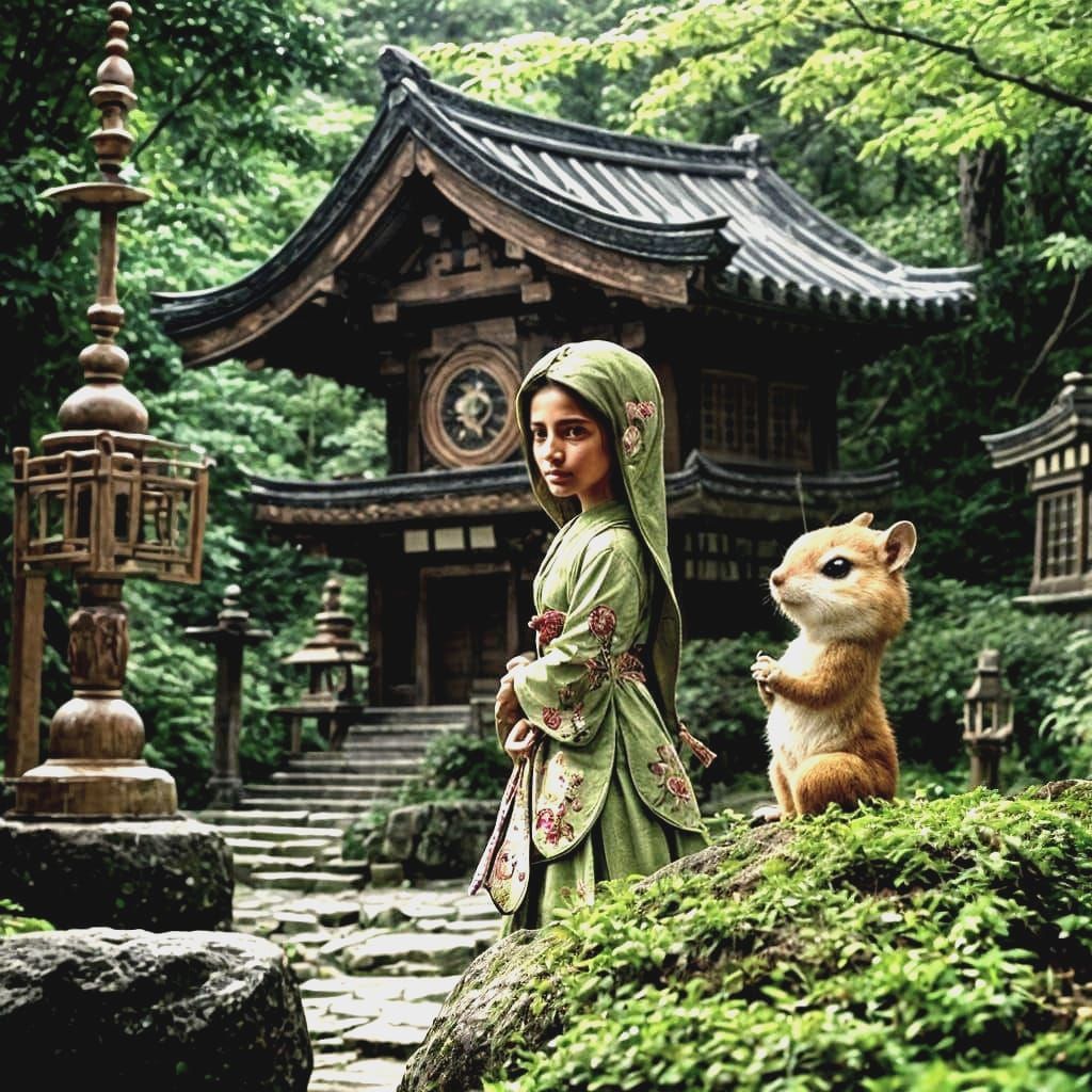 Himalayan Glade: Shinto Shrine with Woman and Chipmunk