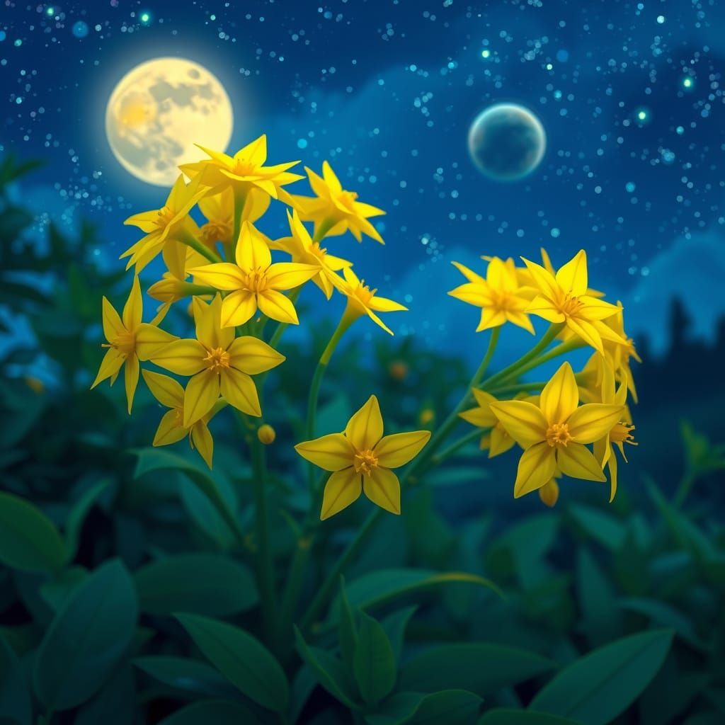 Whimsical Star-Shaped Flowers in a Dreamy Blue Night Sky
